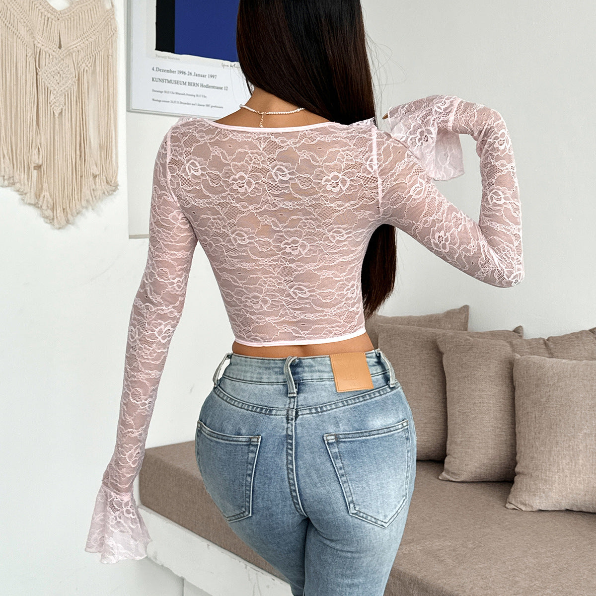 Lace Corset Top - Floral Long Sleeve Fitted Blouse