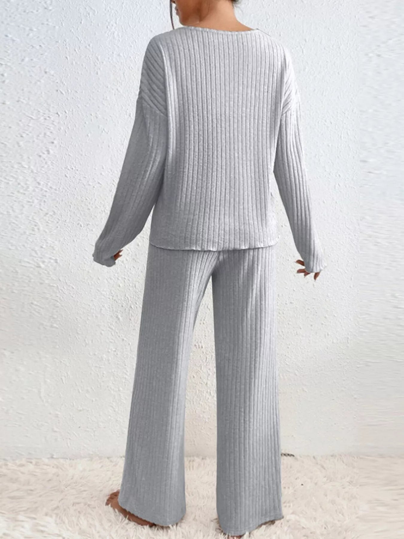 Ribbed Loungewear Set - V-Neck Top Wide-Leg Pants - Fashions Envy