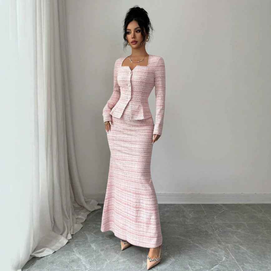 Pink Plaid Maxi Skirt Set - Peplum Top and Flared Hem