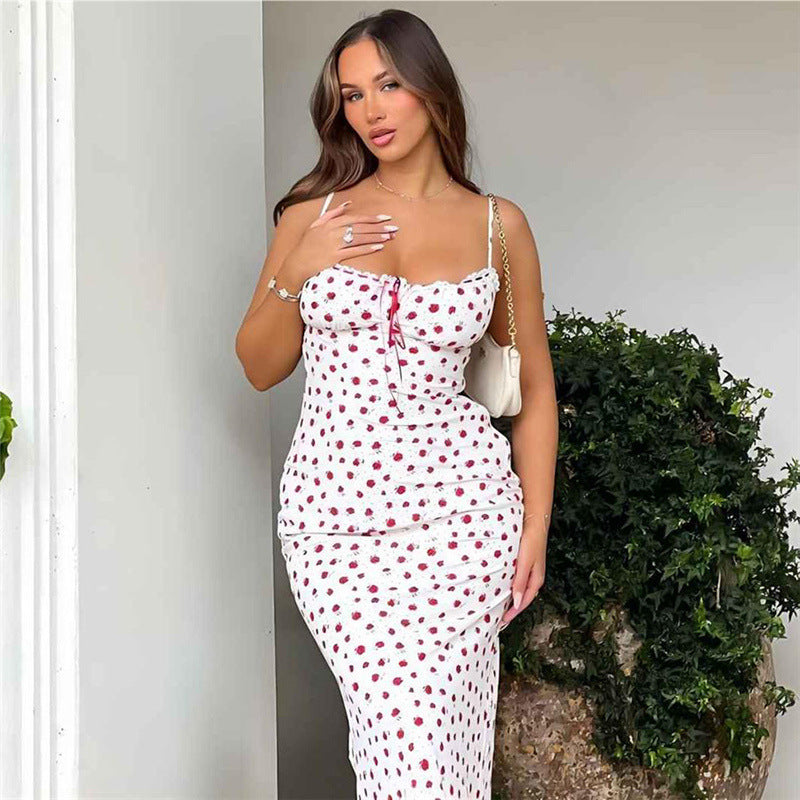 Style Women's Sweetheart One-Shoulder Lace Hem Floral Print Strapless Dress