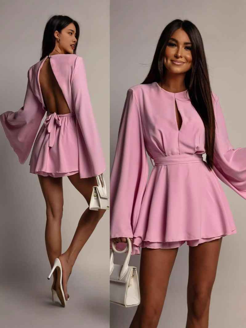 Open Back Mini Dress - Bell Sleeves & Tie-Waist Detail