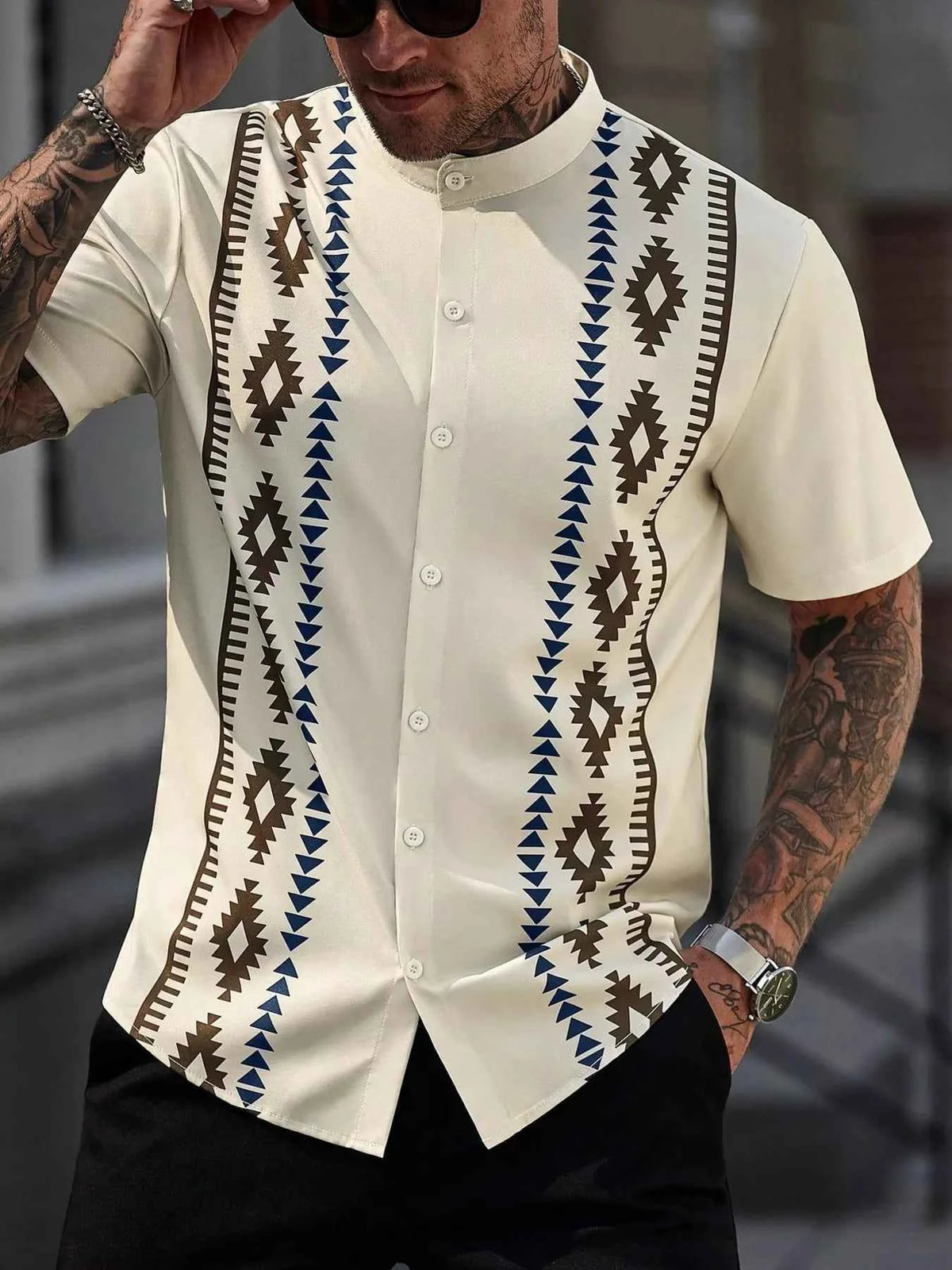 Men's Aztec Geometric Print Button Shirt - Short Sleeve