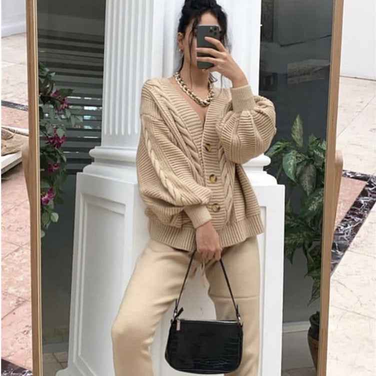 Cable Knit Cardigan - V-Neck Lantern Sleeve Button Front