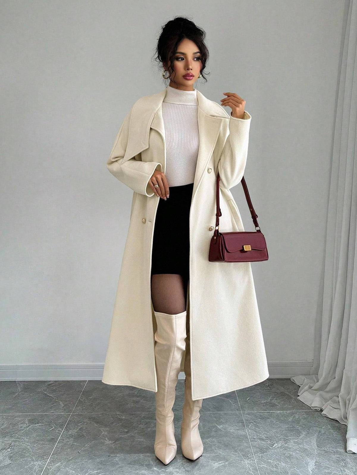 Double-Breasted Long Coat - Waist Tie & Wide Lapels