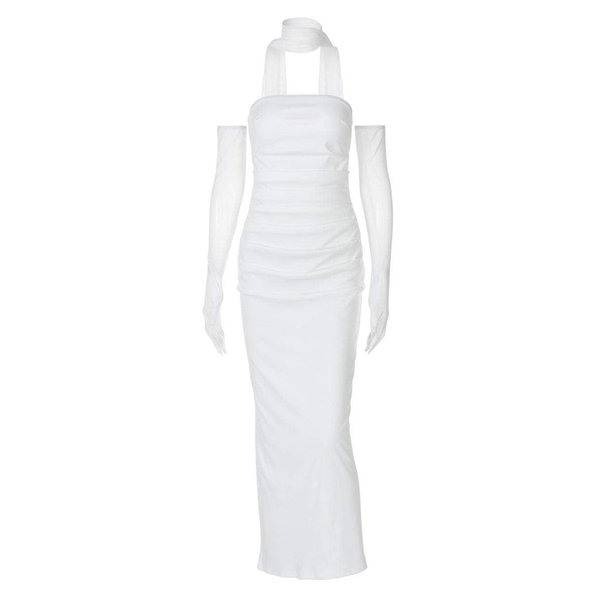 Halter Neck Strapless Maxi Dress - Open Back Mesh Glove Column Gown