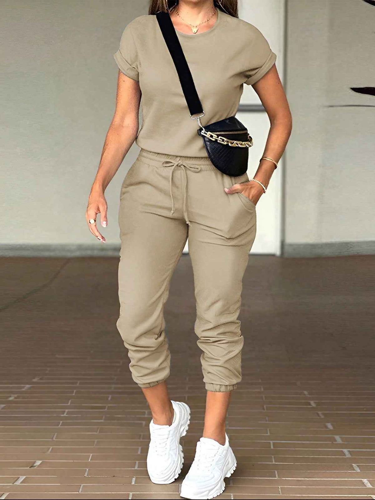 Womens Cross-Border Foreign Trade Fashion Casual Women's Clothing Hot-Selling Solid Color Round Neck Top Pocket Pants Set In Stock