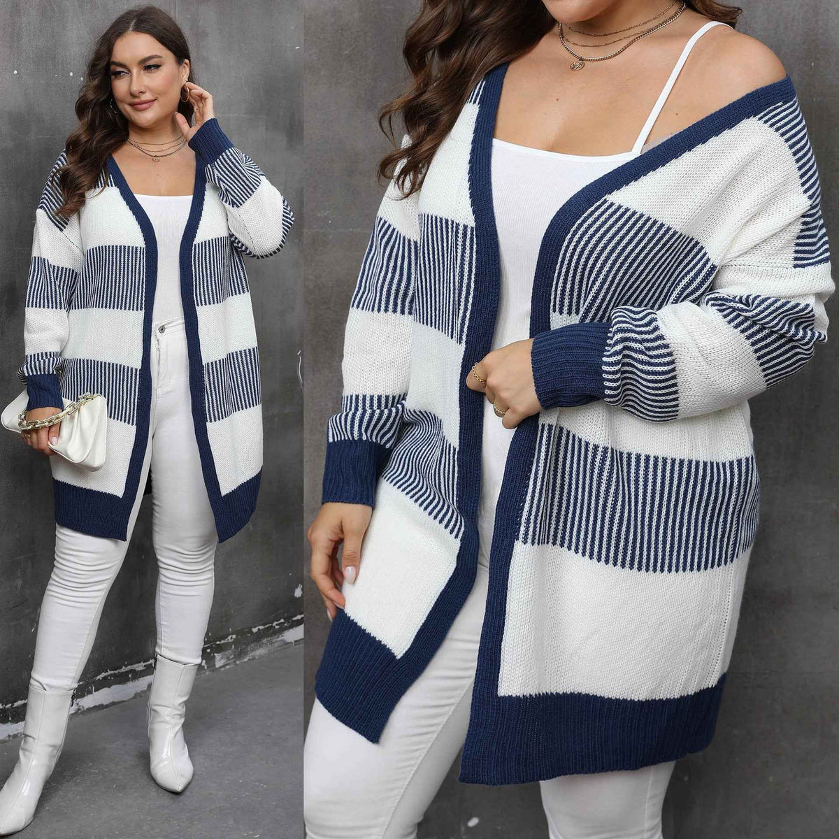 Plus Size Striped Cardigan - Open Front and Long Sleeves