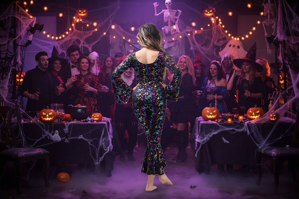 Halloween carnival disco note jumpsuit with black base and multicolor icons, backless scoop neckline