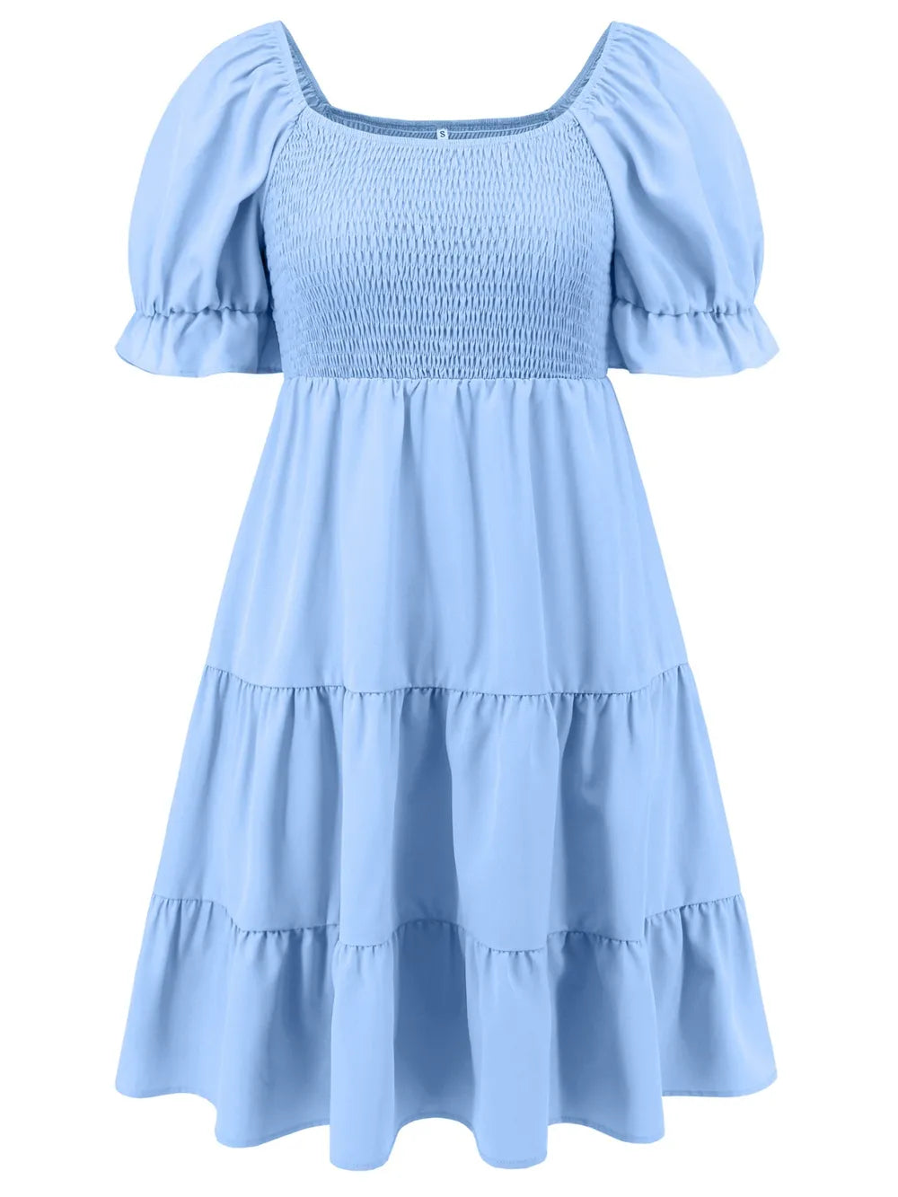 Light blue smocked bodice tiered mini dress with puff sleeves and flared skirt tiers