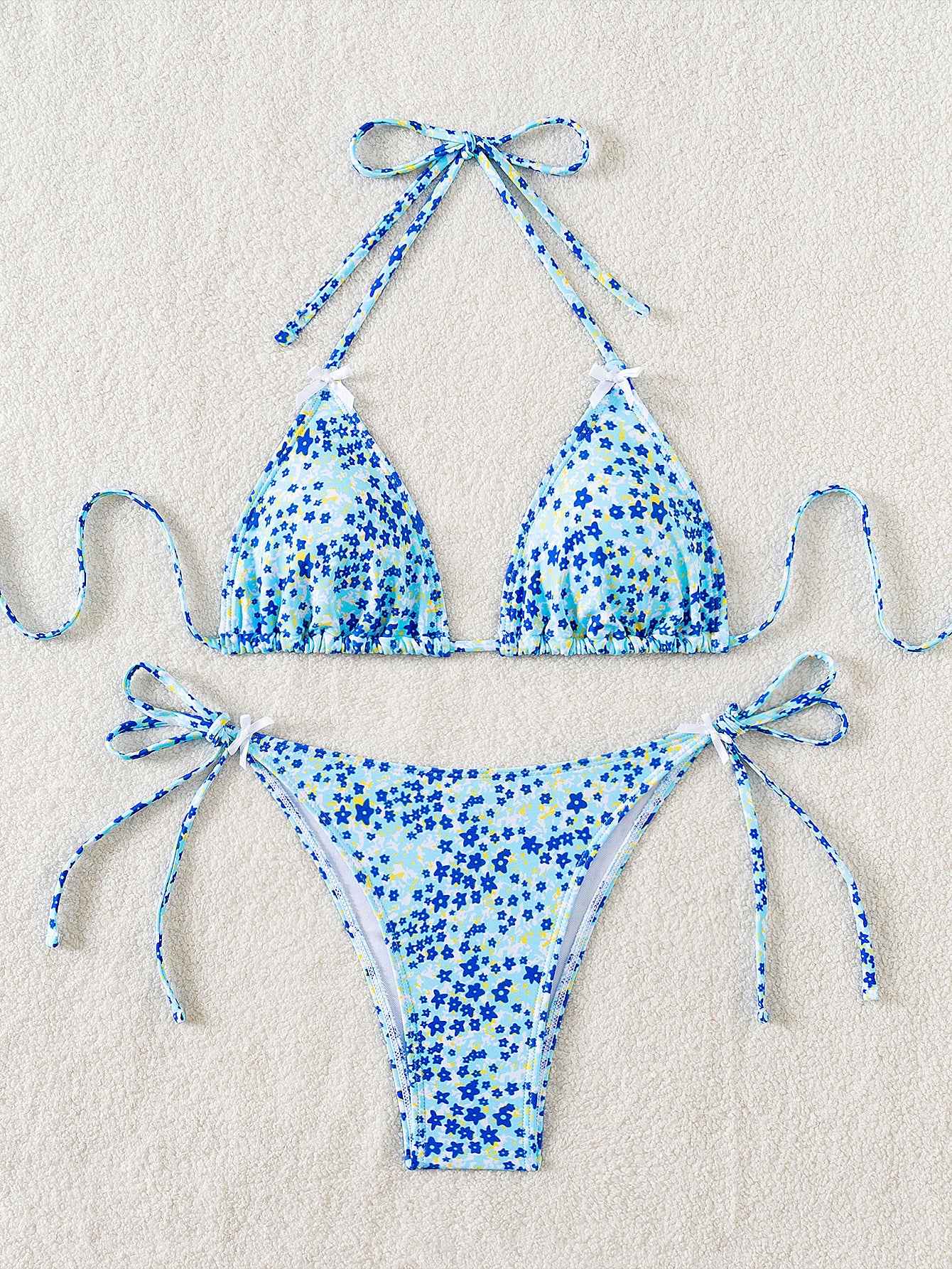 Floral Triangle Bikini - Lace Up Front Tie Bottoms Set
