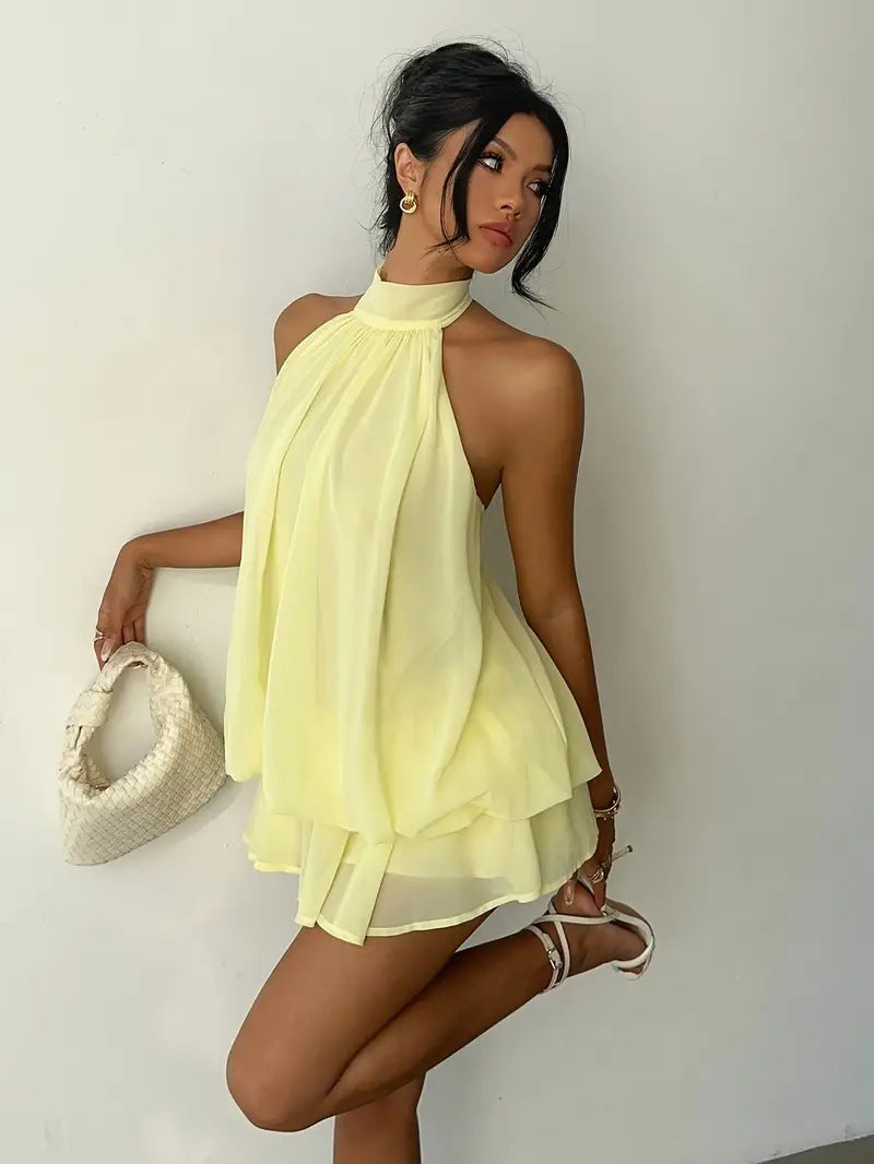 Backless Halter Neck Tiered Mini Dress - Chiffon Vacation Dress