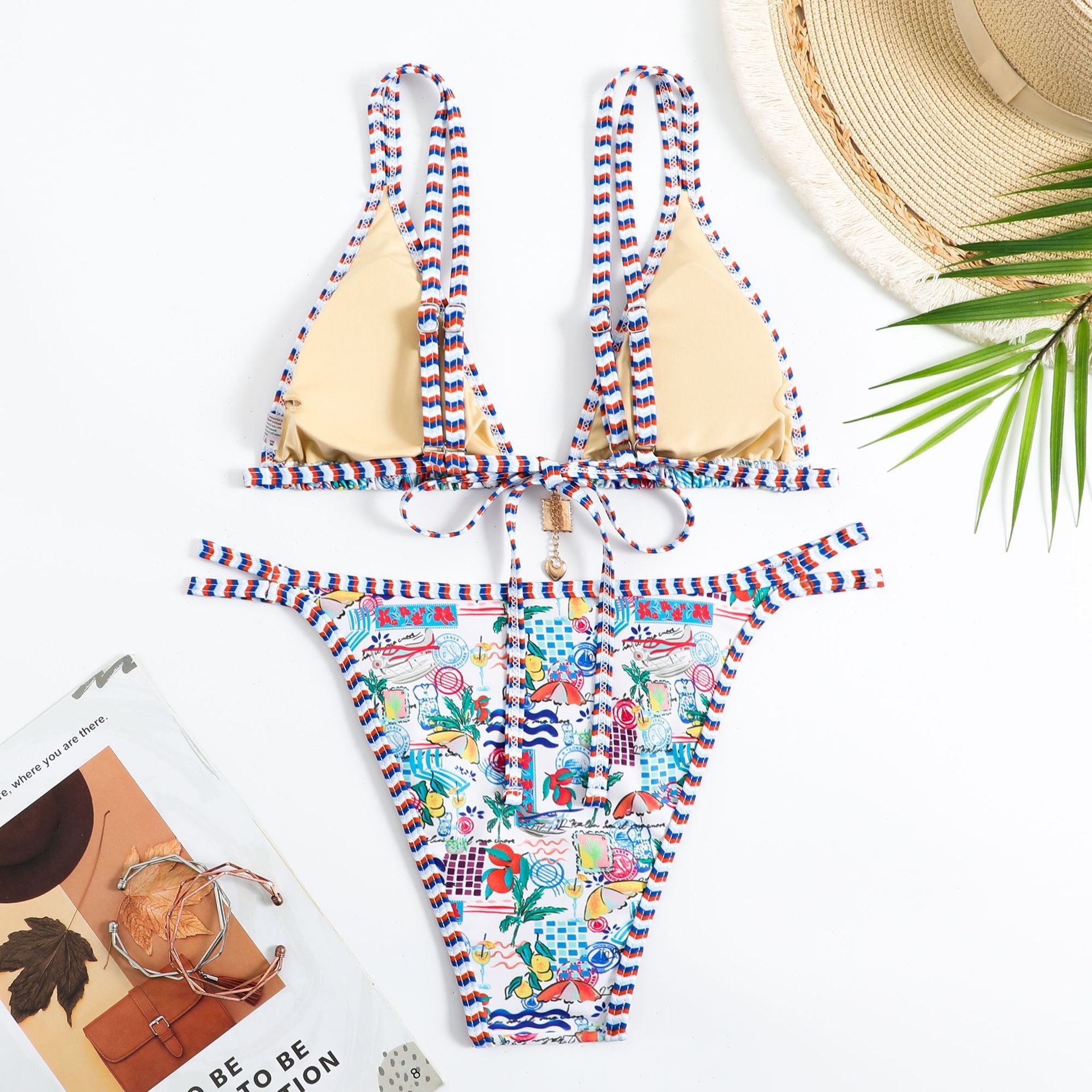 Colorful Floral Bikini Set - Triangle Top Chain Charm