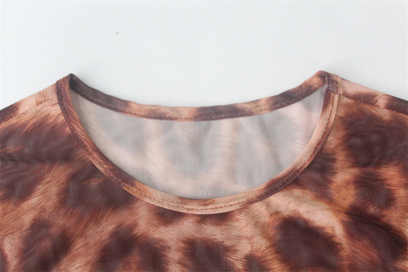 Leopard Print Mesh Bodysuit - Long Sleeve Sheer Crew Neck Snap Closure