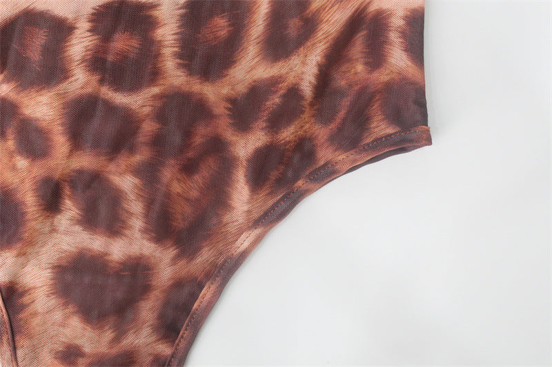 Leopard Print Mesh Bodysuit - Long Sleeve Sheer Crew Neck Snap Closure