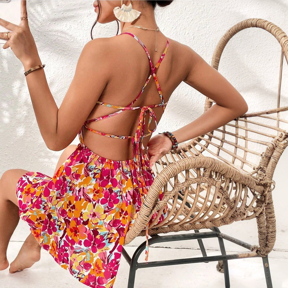 Summer Sweetheart Neck Mini Dress - Strap-Up Back