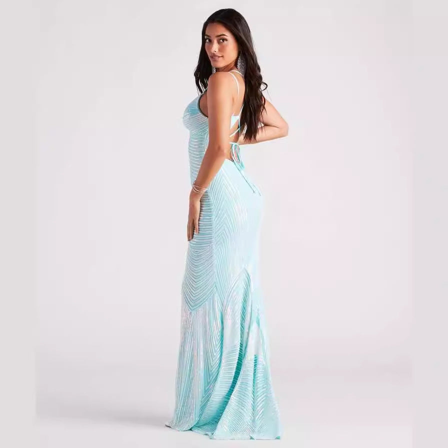 V-Neck Evening Dress - Sequin Floor-Length Gown - Fashions Envy