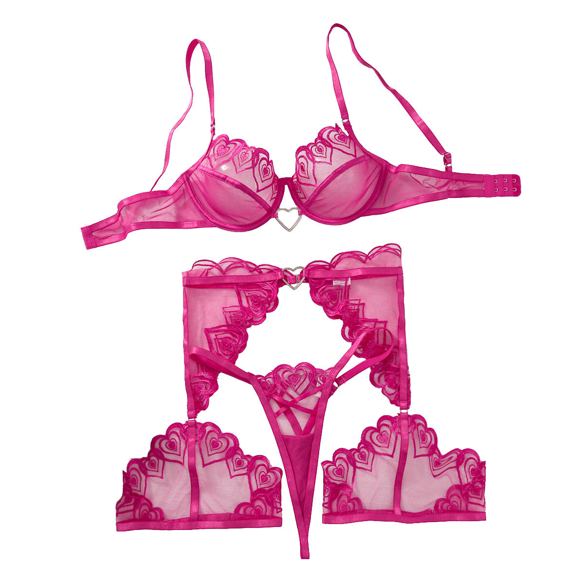 Rose red sheer mesh lingerie set with embroidered bra and matching thong briefs