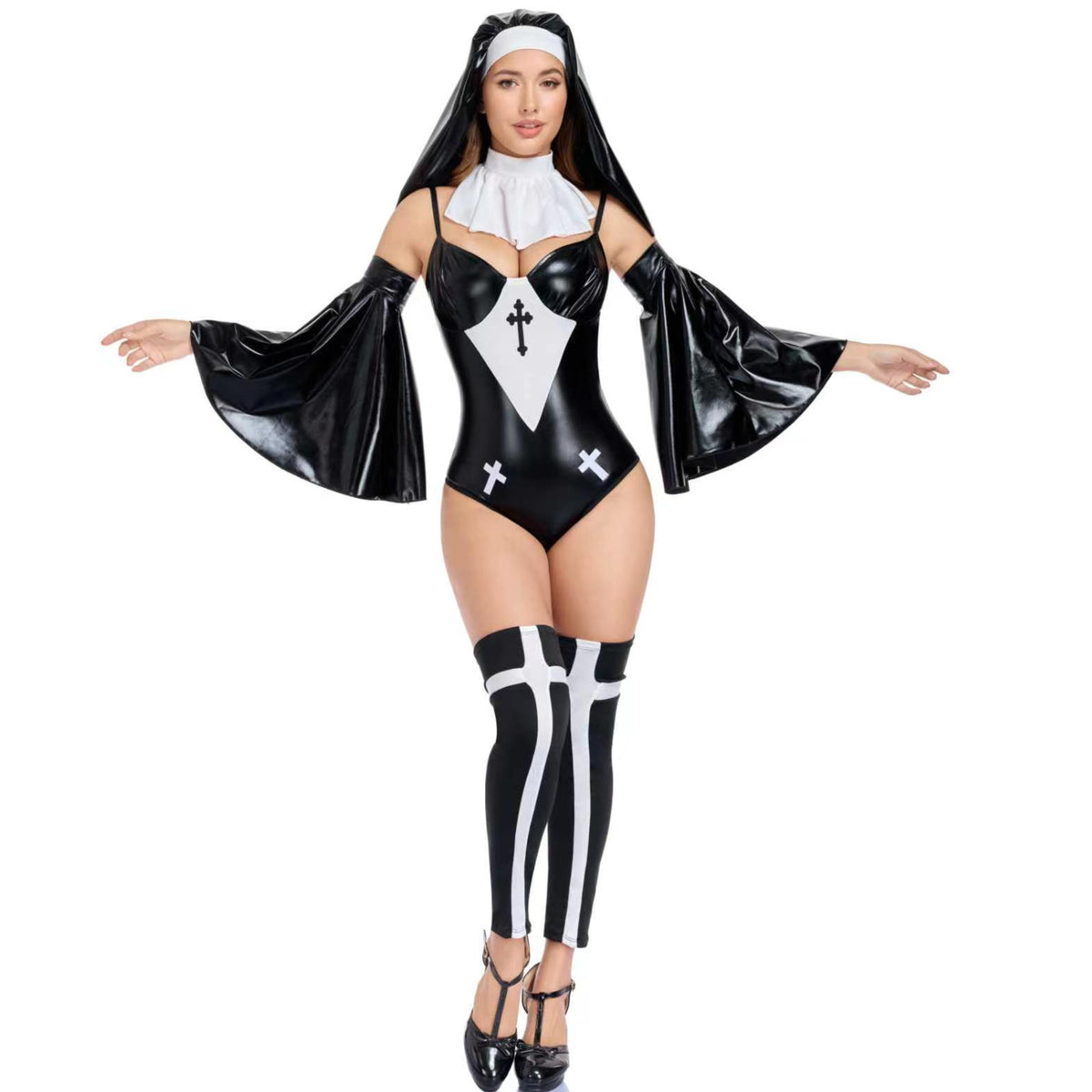 Black nun cosplay bodysuit with white cross panel, cape sleeves, and striped stockings