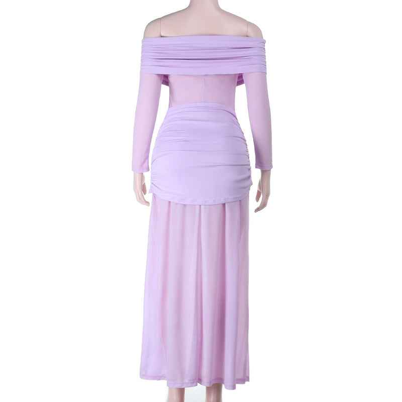 Off Shoulder Mesh Maxi Dress - Long Sleeve Bodycon Gown