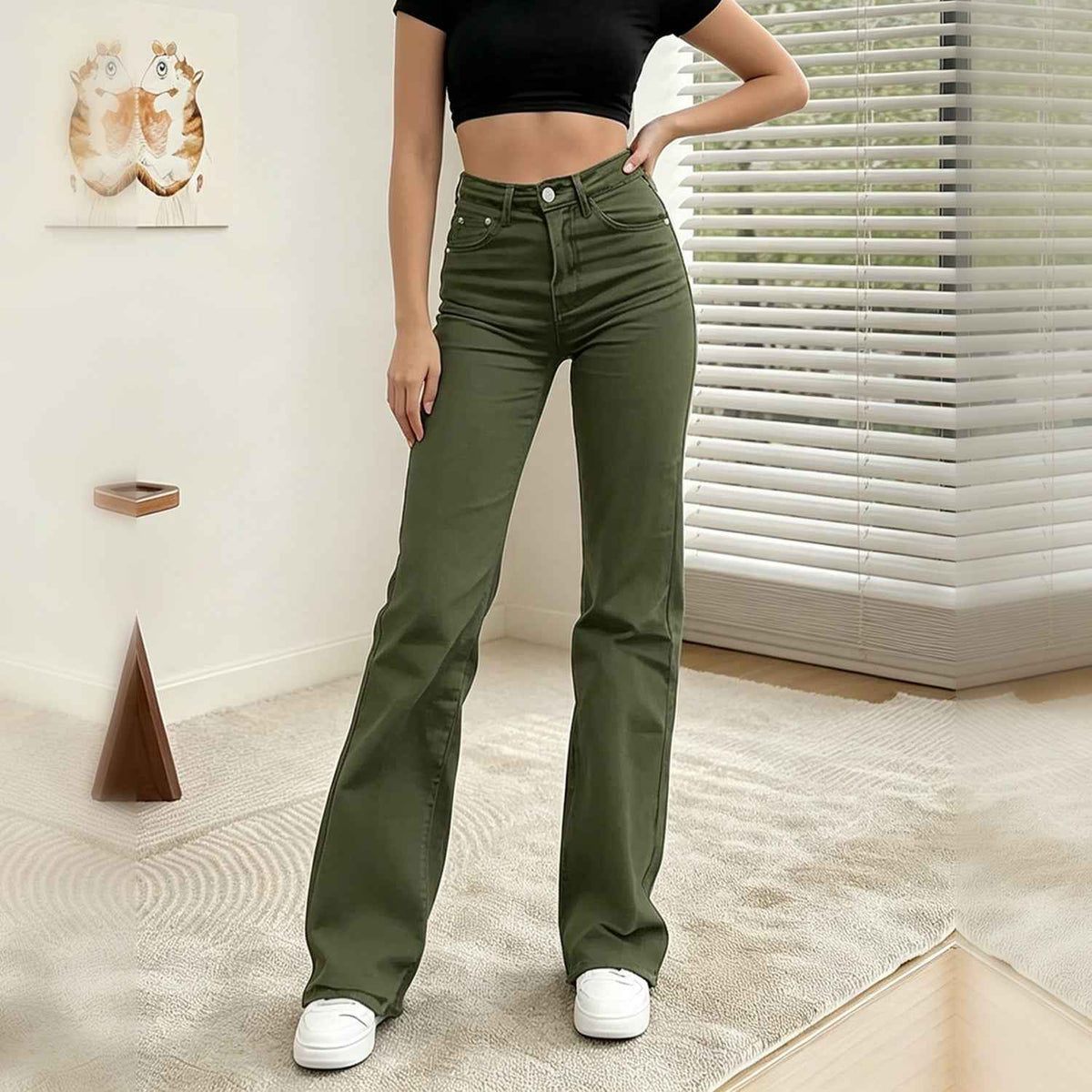 Army Green Bootcut Jeans - High Rise and Five-Pocket Detail