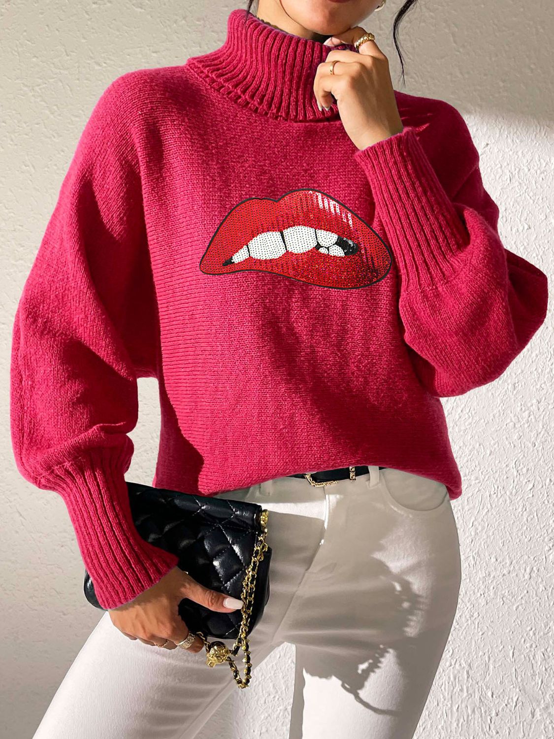 Lip Turtleneck Long Sleeve Sweater - Fashions Envy
