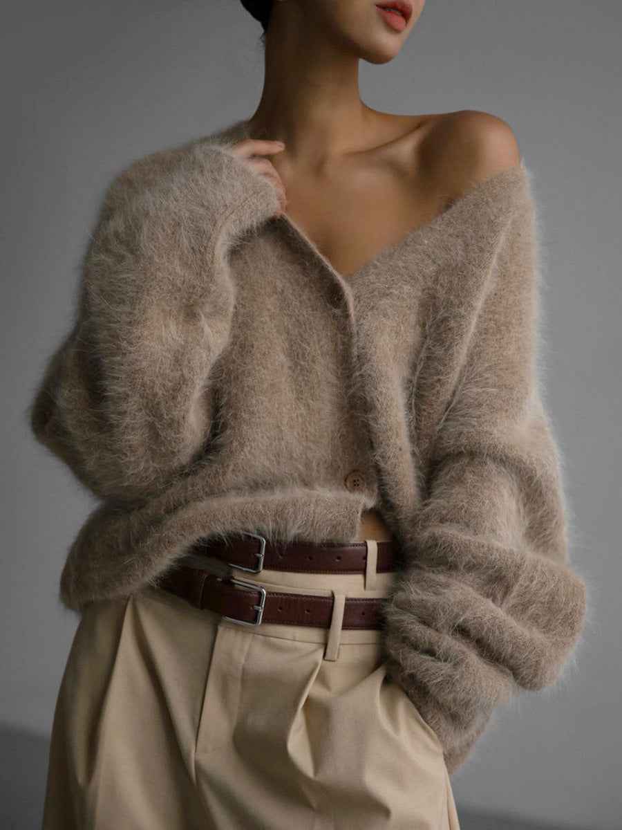Fuzzy V-Neck Cardigan - Button Front and Relaxed Fit