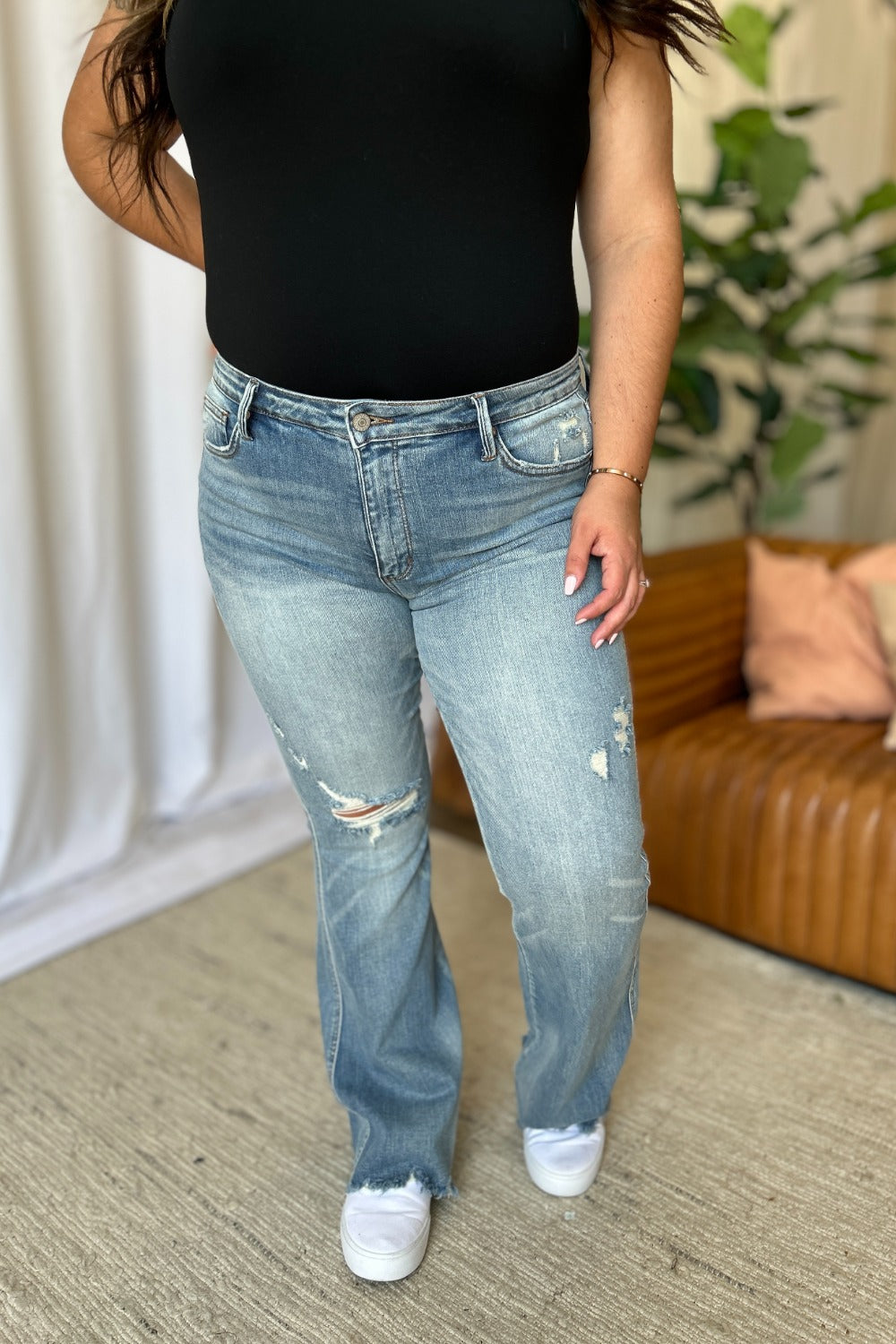 Judy Blue Full Size Medium Rise Tummy Control Destroy Flare - Fashions Envy