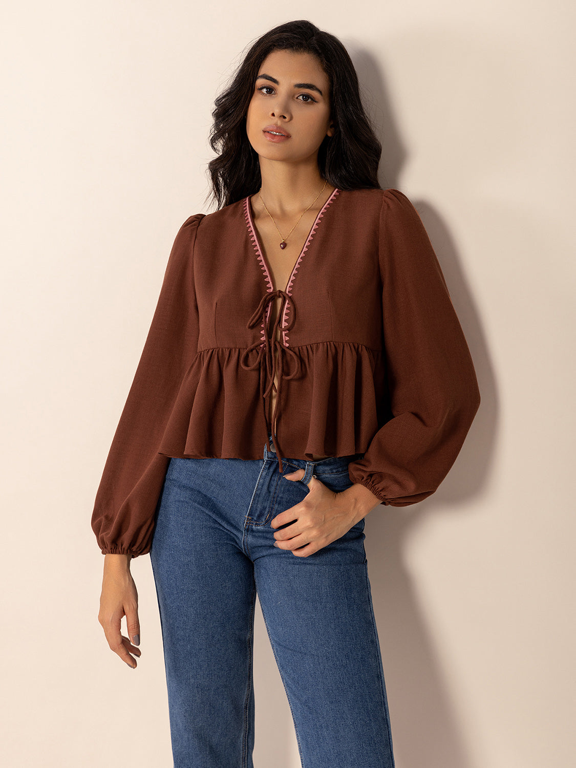 Brown Peplum Tied V-Neck Long Sleeve Blouse