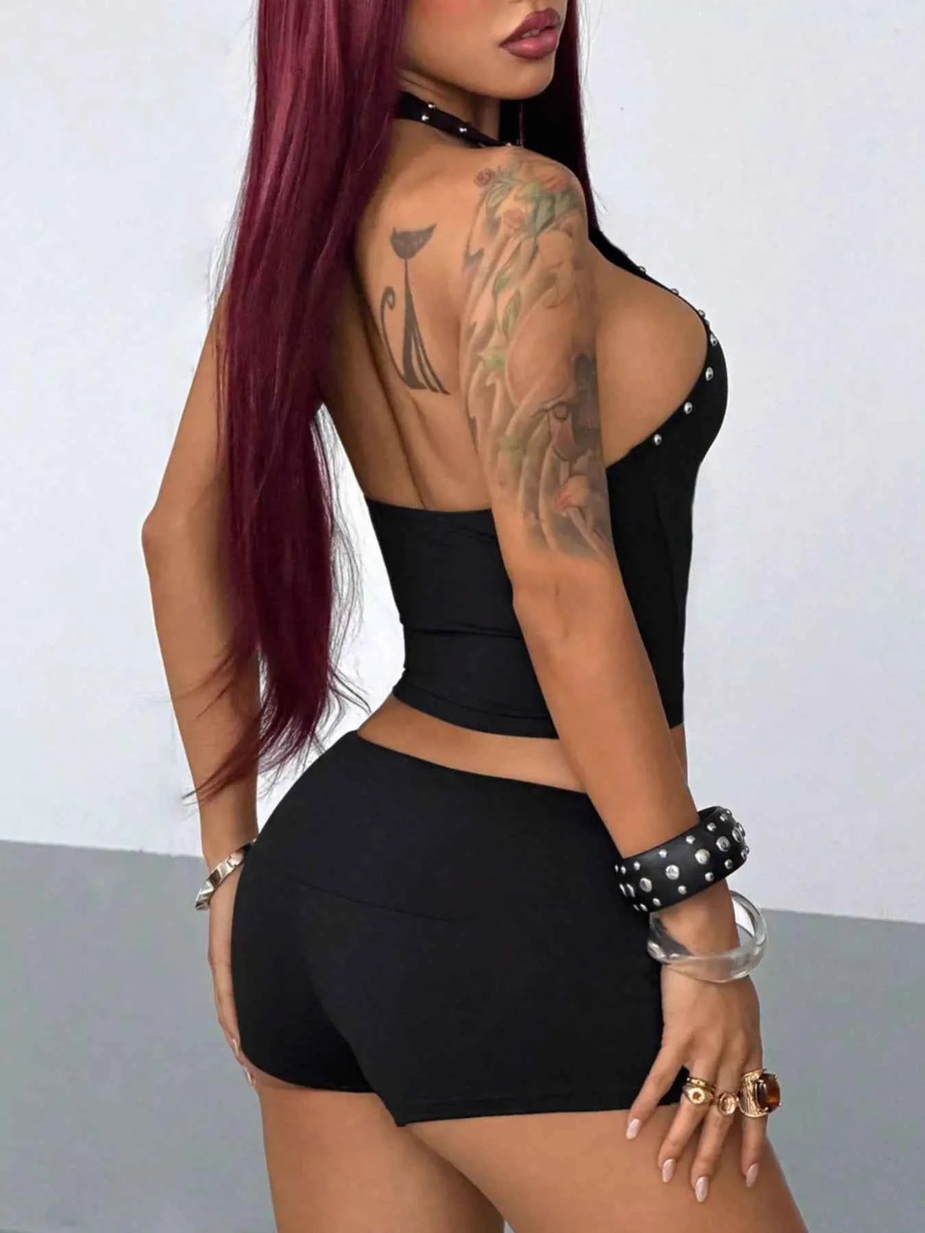 Black Crop Top and Shorts Set - Studded Halter Neck