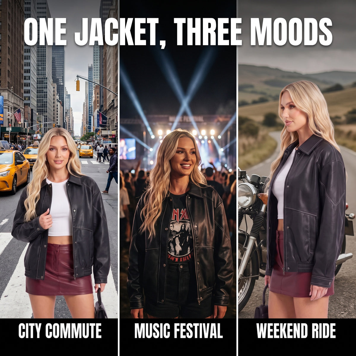 Women's faux leather jacket, oversized black with contrast seam stitching and snap buttons