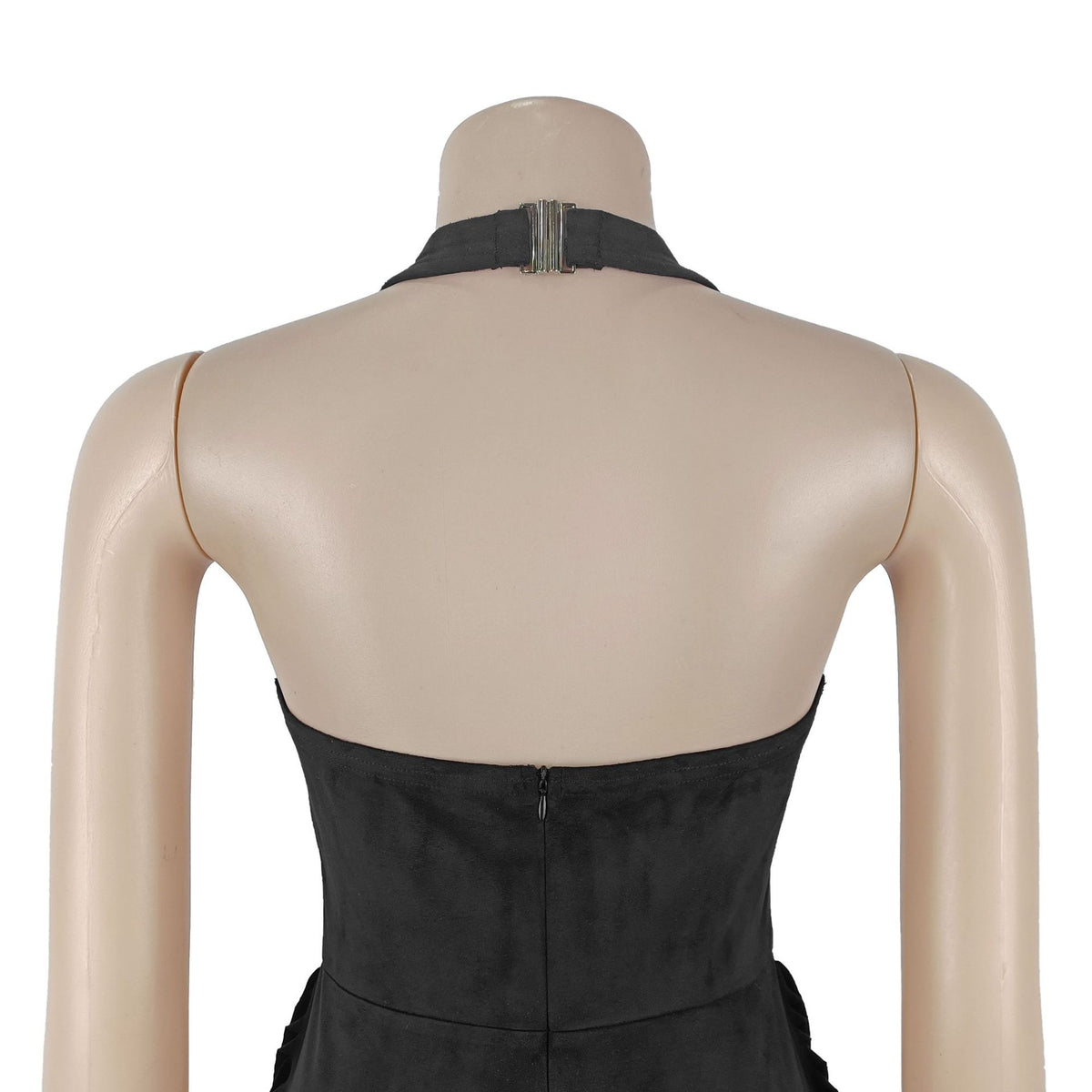 Black jumpsuit back with halter strap and central seam detail