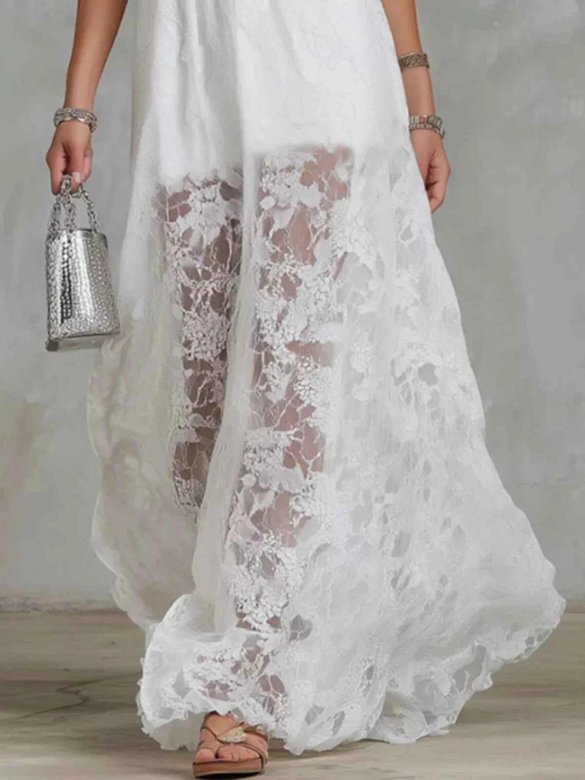 White Halter Neck Maxi Dress - Floral Lace Hem Panels