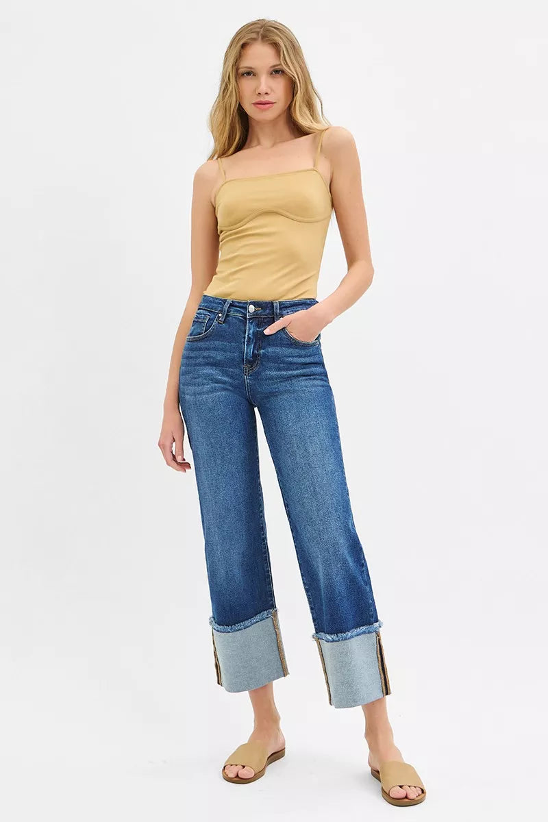 RISEN Full Size Mid Rise Crop Wide Wide Cuffed Jeans Plus Size - Fashions Envy