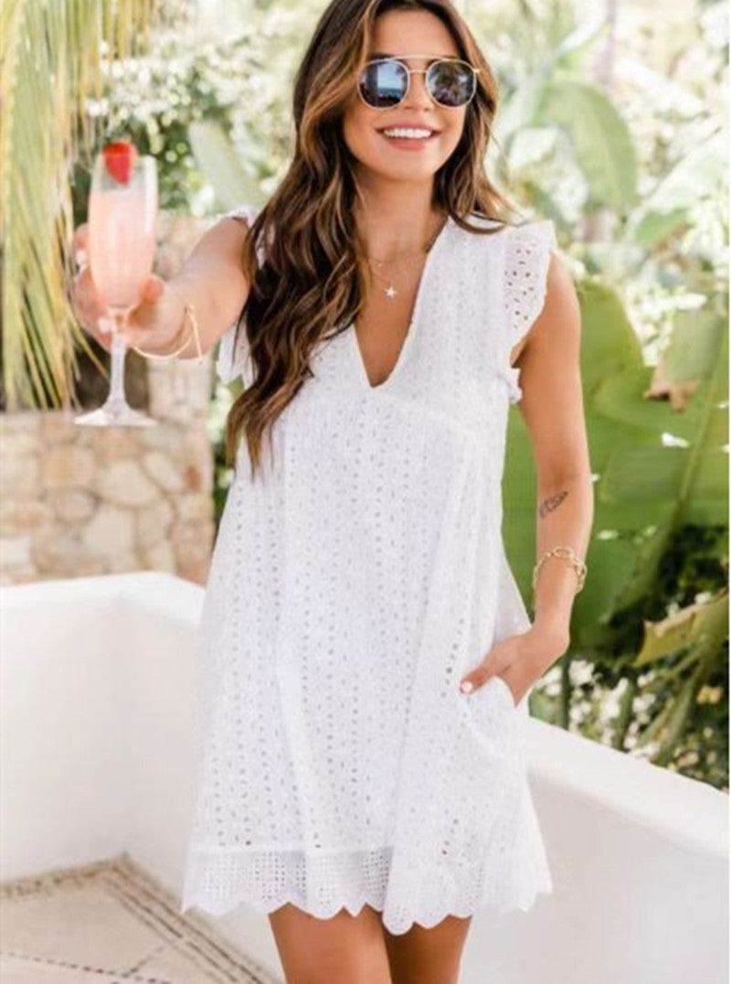 Lace Beach Dress - V-Neck Sleeveless Summer Dress with Pockets