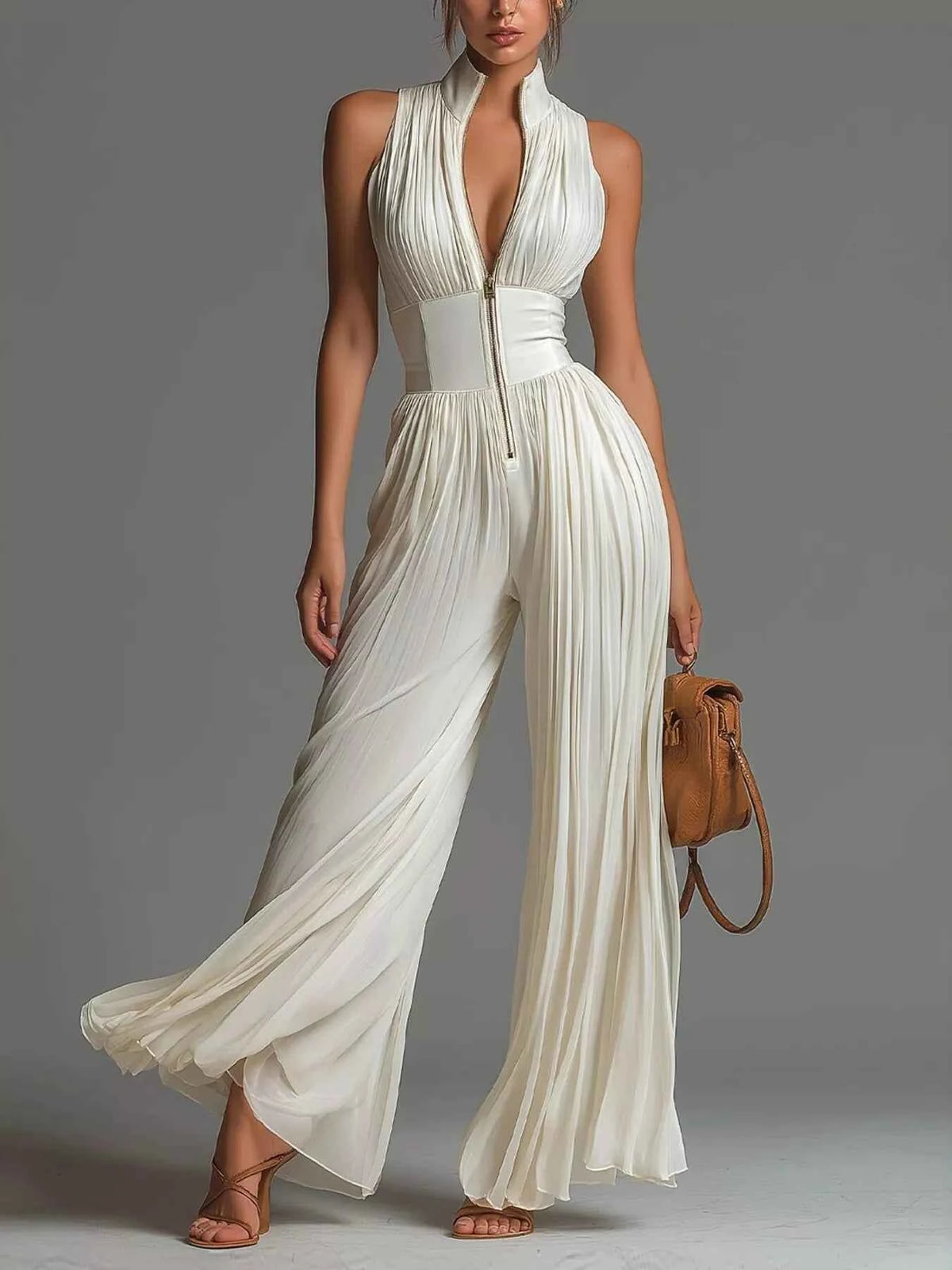 Cream Pleated Wide-Leg Jumpsuit - Deep V Zipper Front