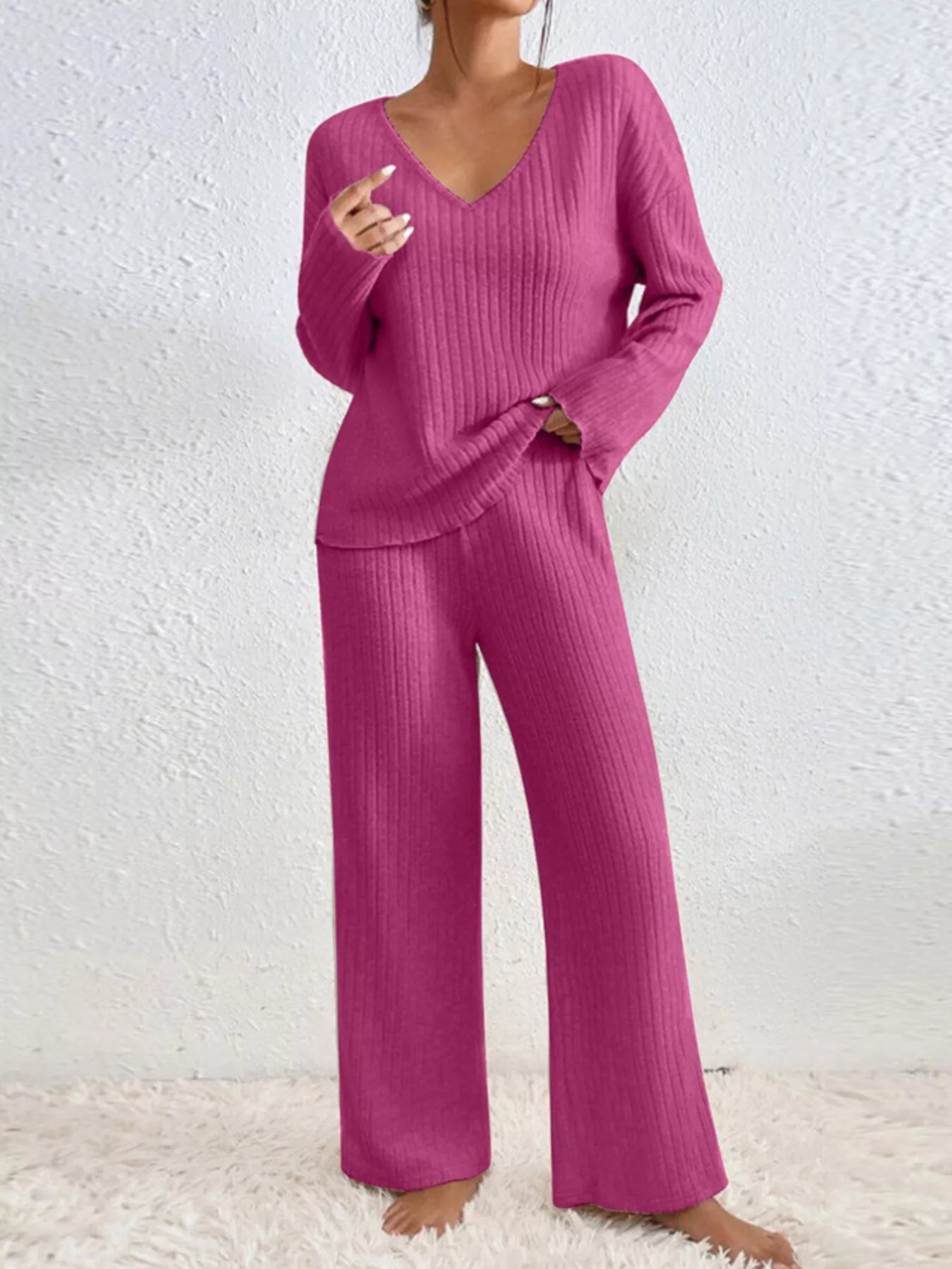Ribbed Loungewear Set - V-Neck Top Wide-Leg Pants - Fashions Envy
