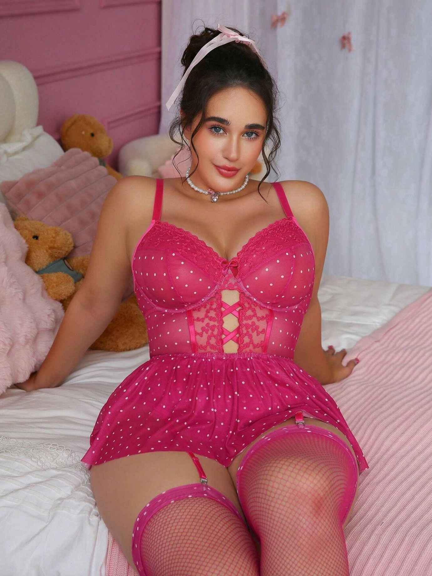 Womens Plus-Size Lace Mesh Polka-Dot Lingerie Nightdress