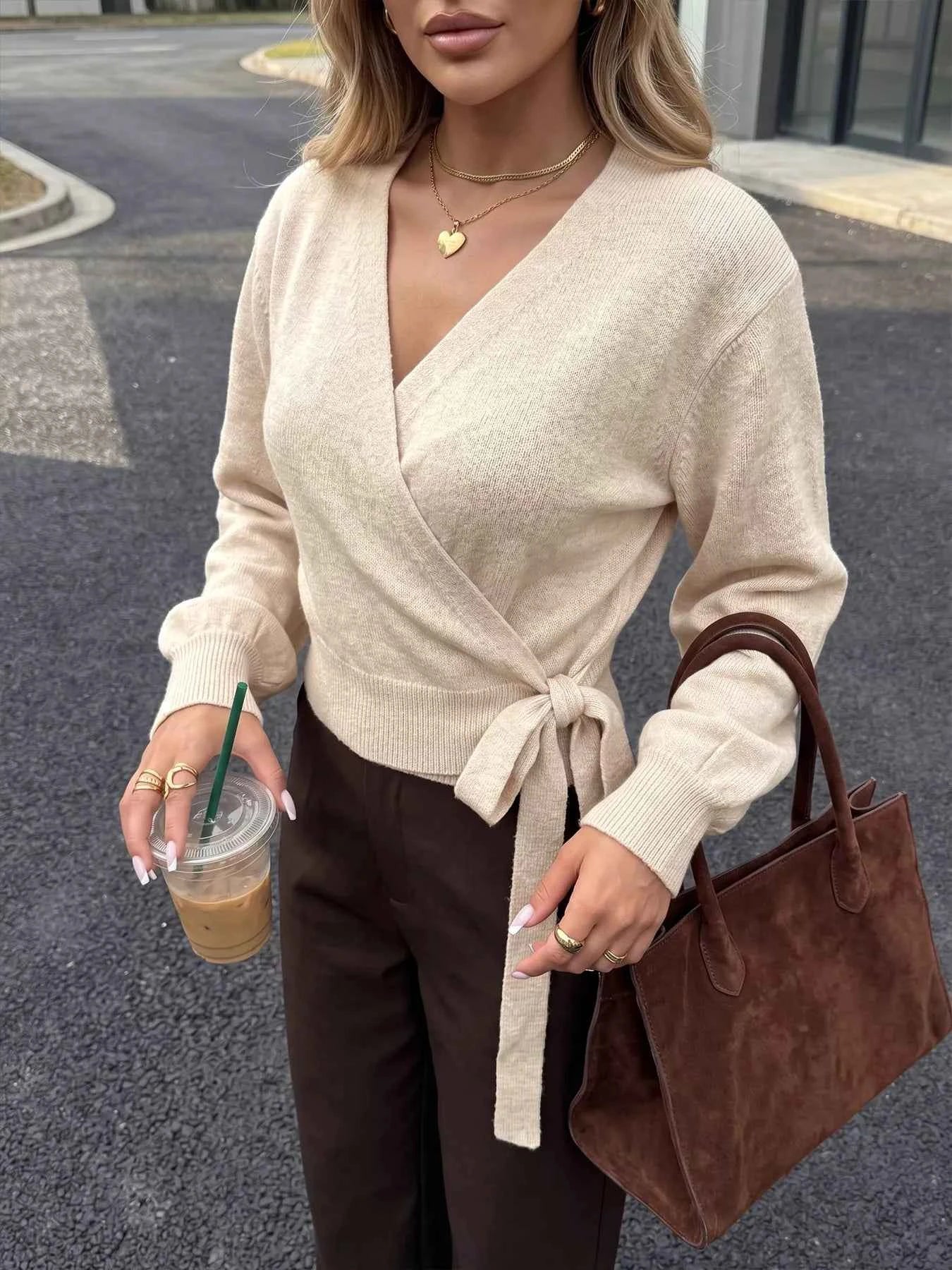 Tied Surplice Long Sleeve Sweater