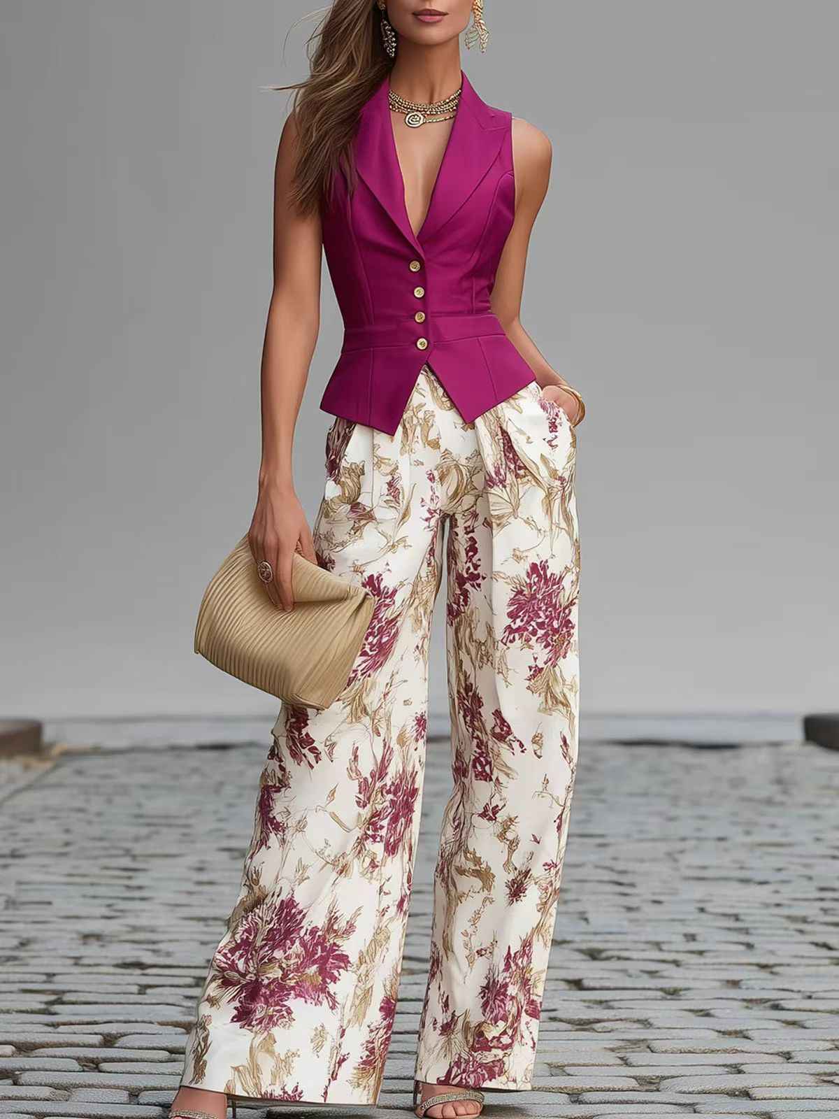 Floral Wide-Leg Pants Set - Buttoned Vest Two-Piece Outfit