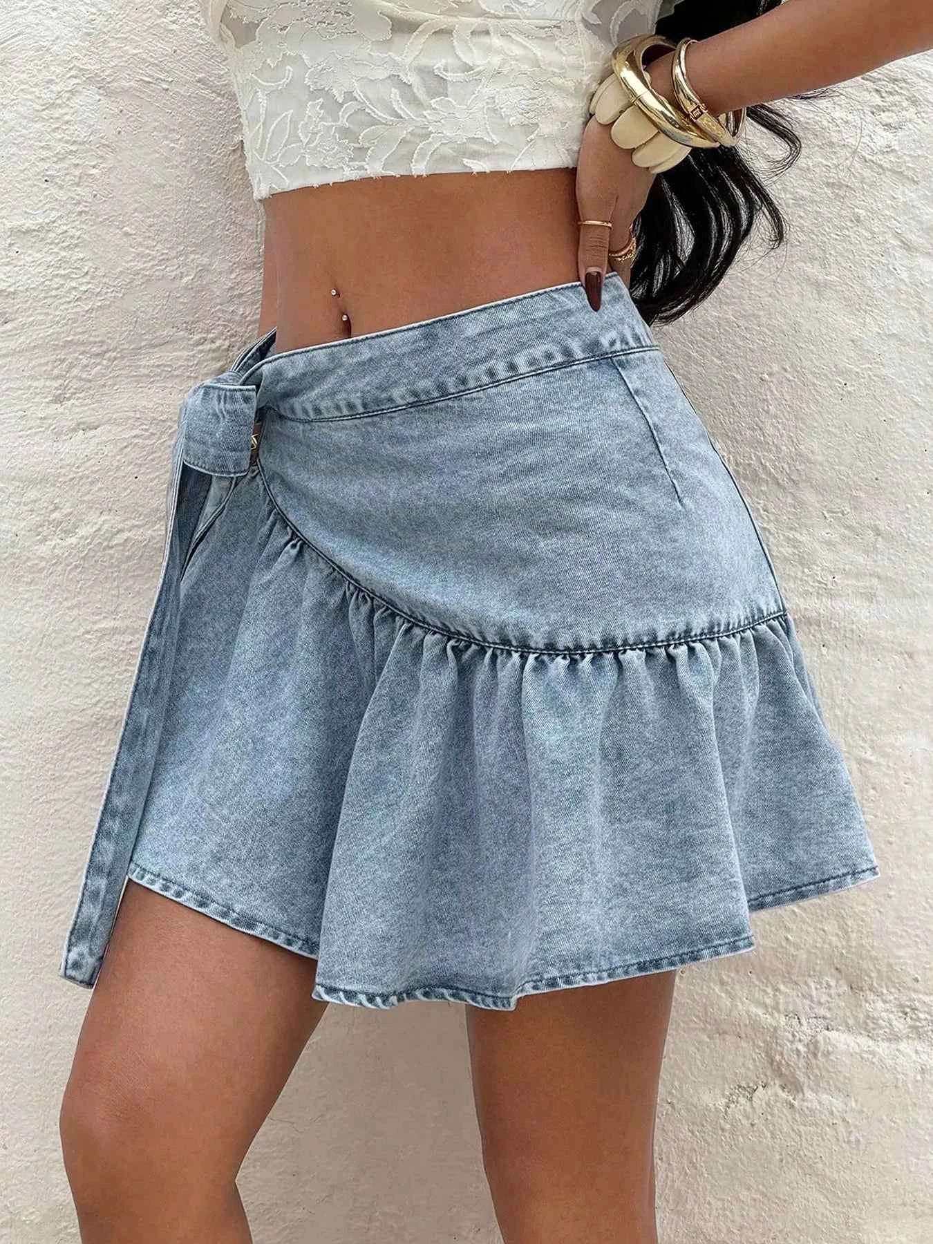 Ruffled Hem High Waist Bow Tie Denim Skirt