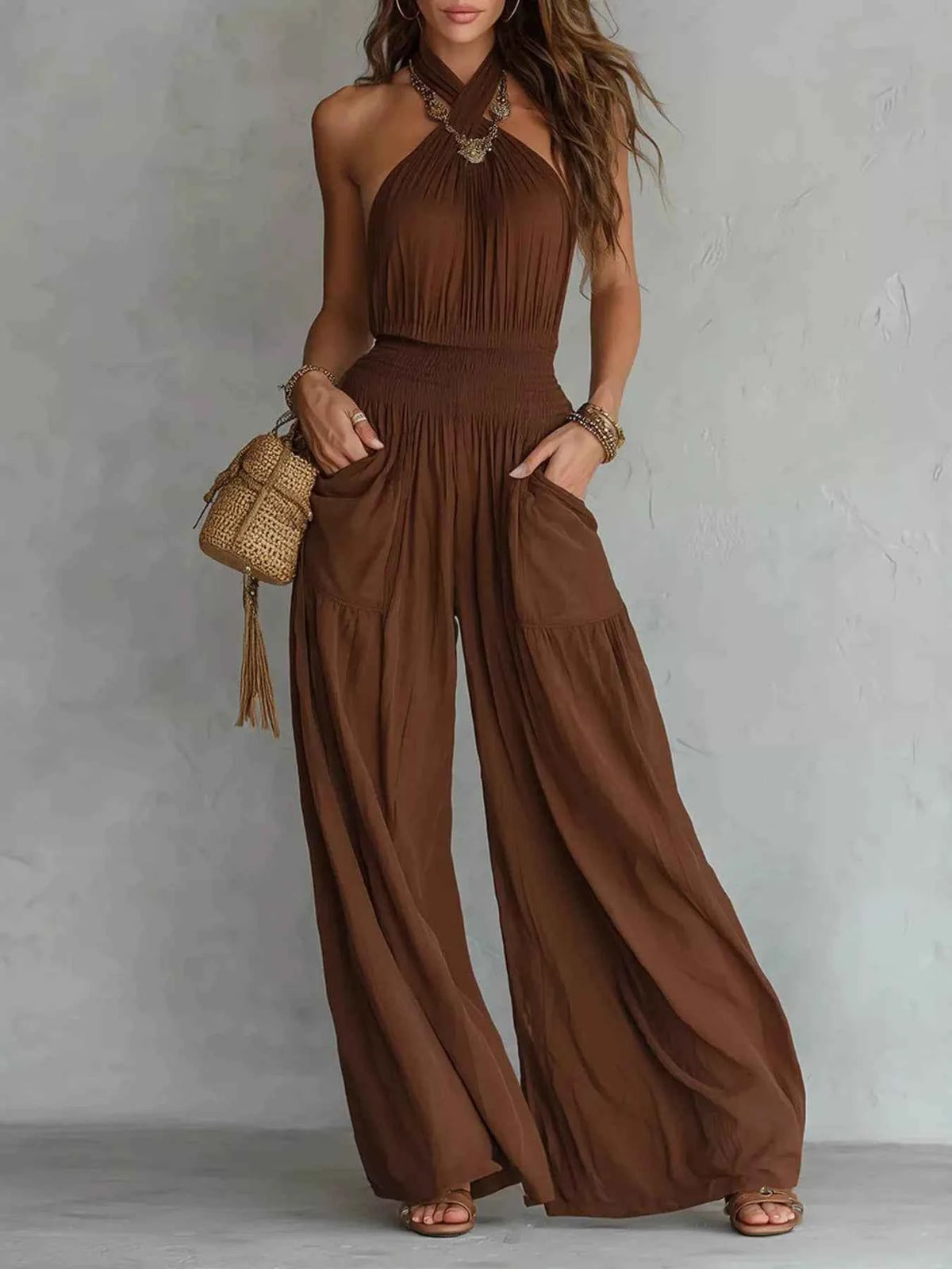 Brown Halter Wide-Leg Jumpsuit - Smocked Waist and Pockets