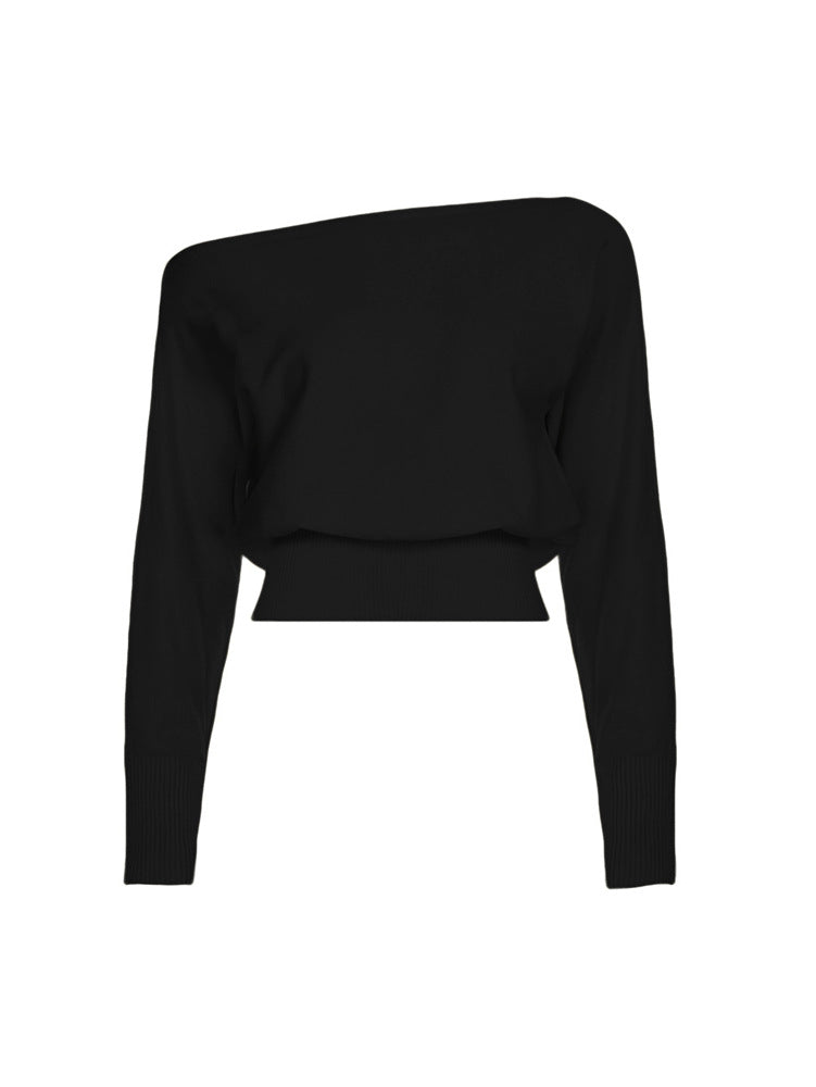 Off Shoulder Knit Sweater - Slouchy Sleeves and Ribbed Hem