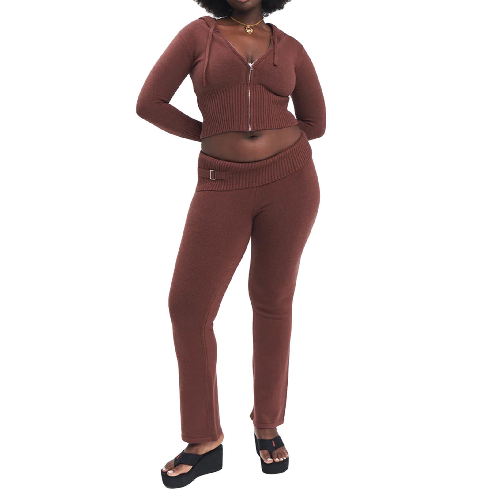Soft Zip-up Long Sleeve Crop Sweater and Low Waist Pants Set