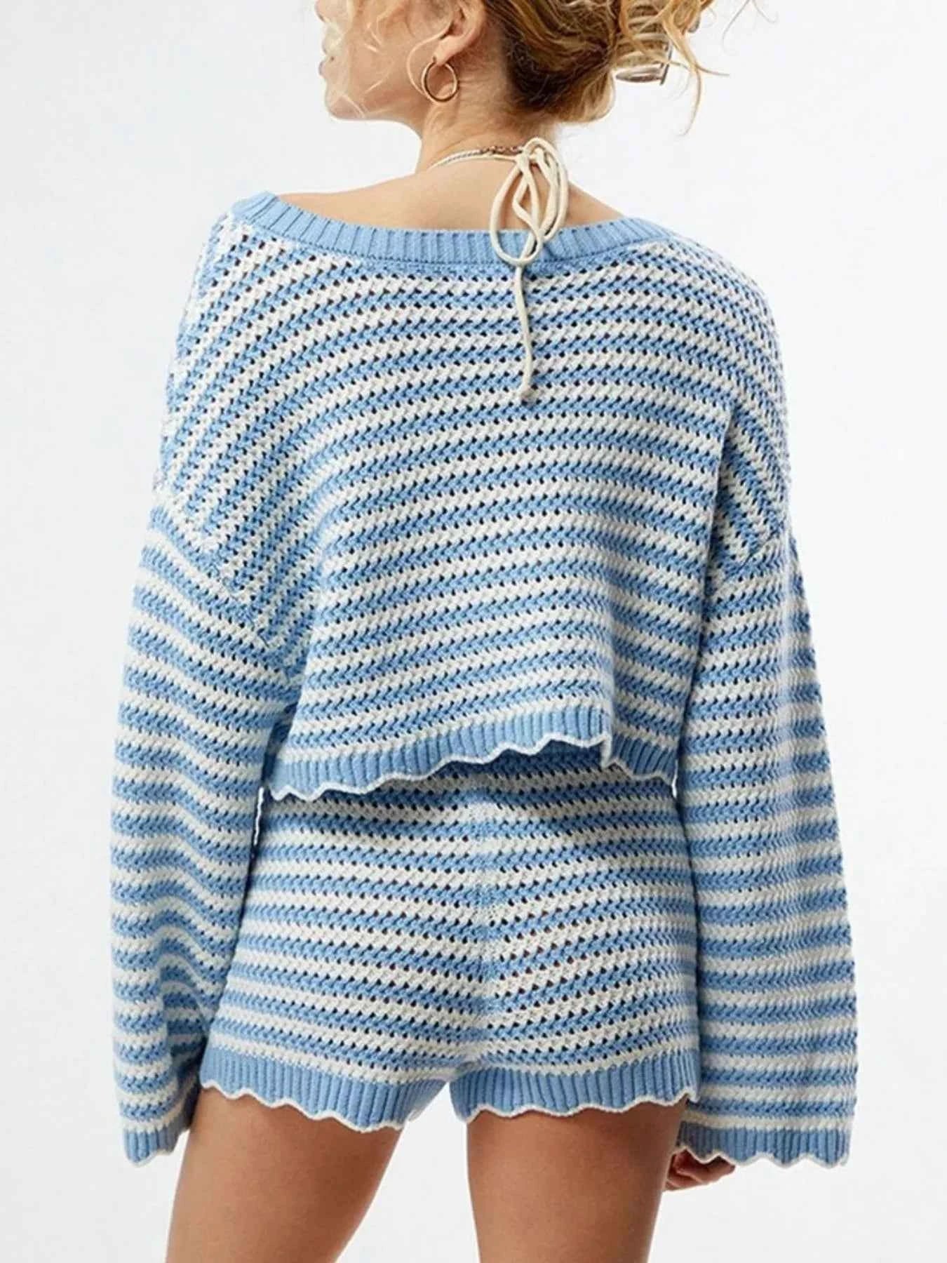 Blue Striped Knit Crop Top and Shorts Set - Scalloped Hem Lace-Up Back