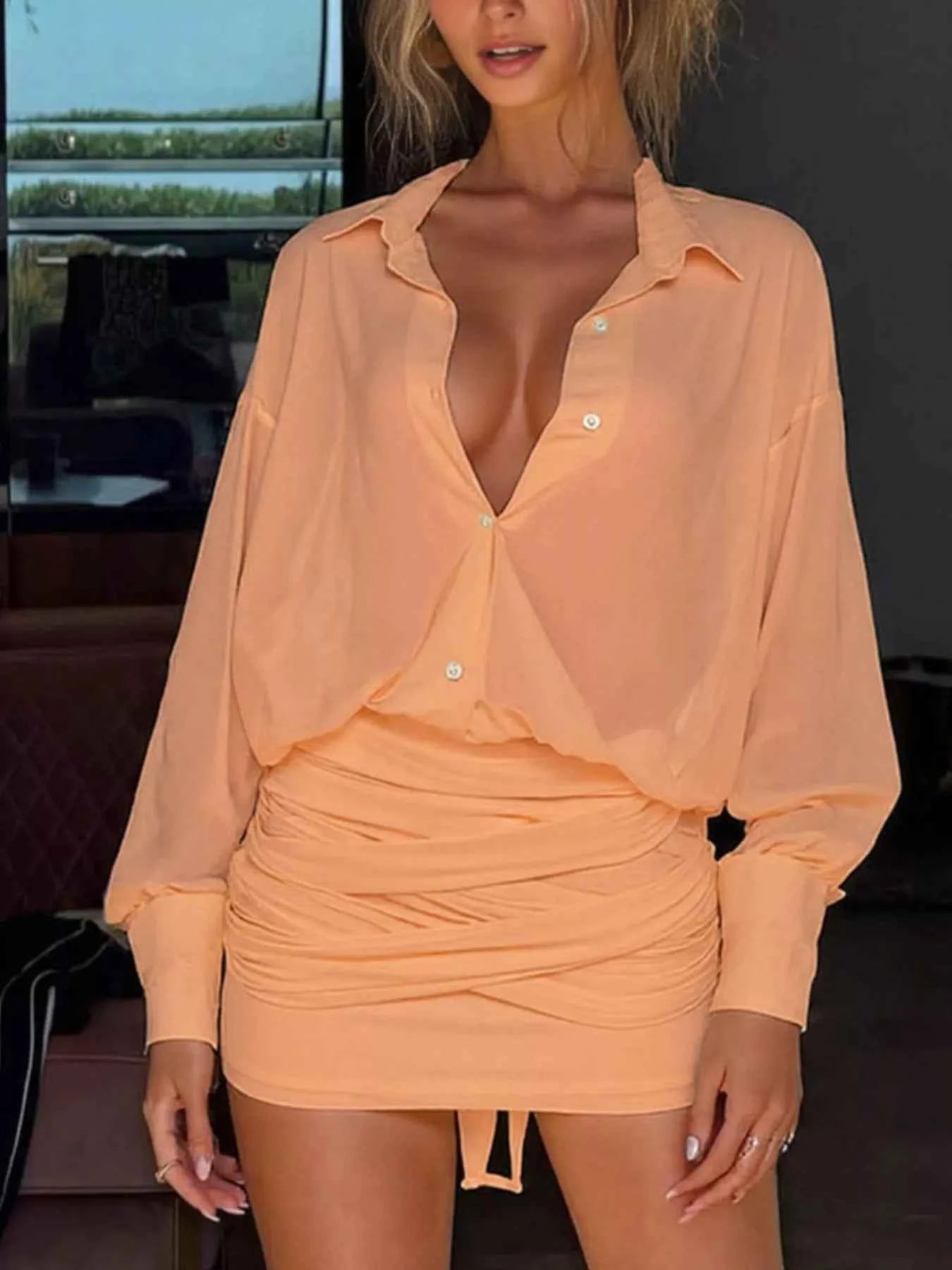 Sheer Button-Down Mini Shirt Dress with Back Tie