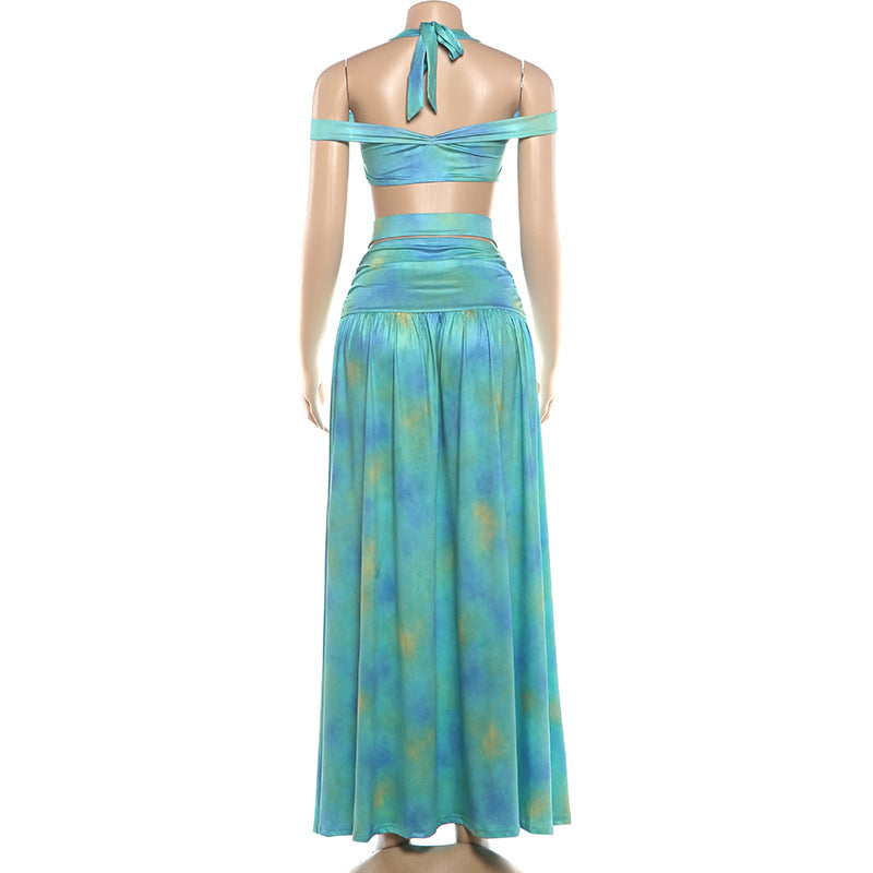 Light blue gradient maxi skirt with off-shoulder top and crisscross waist straps