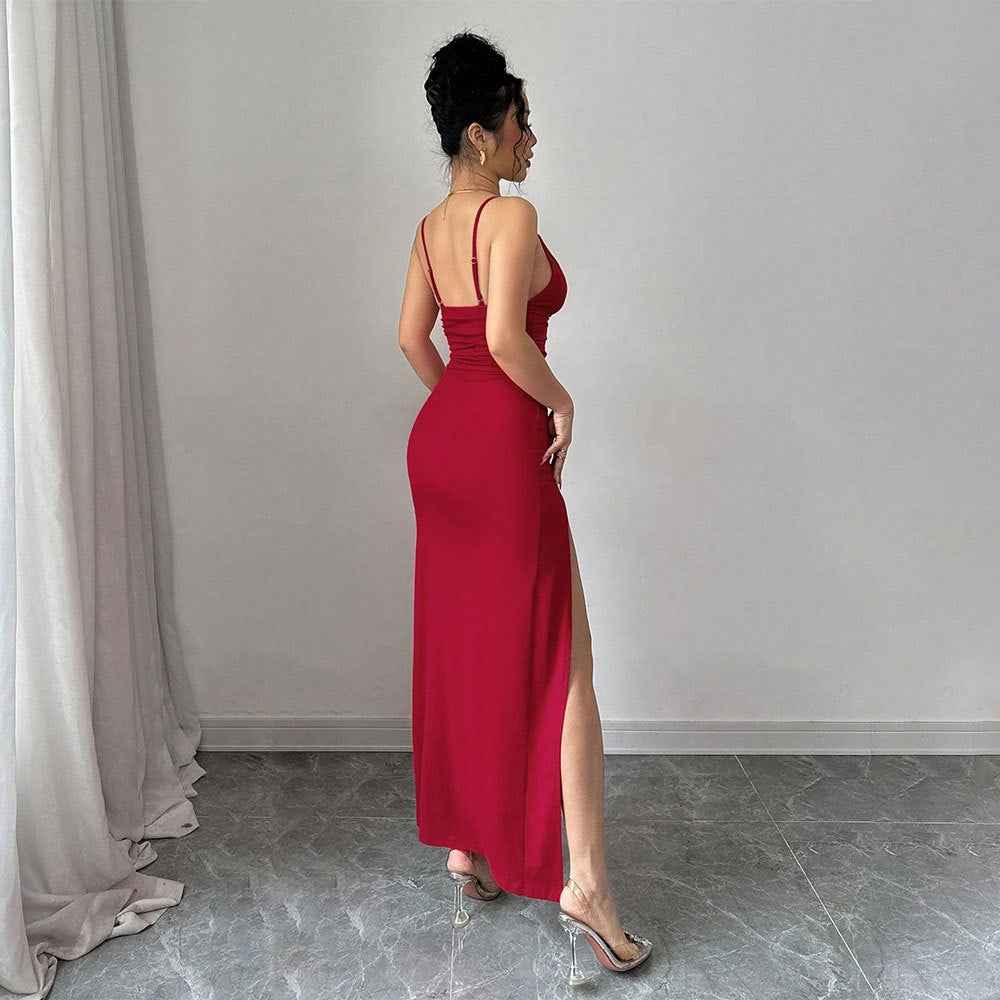 Red Spaghetti Strap Maxi Dress - Deep V Ruched Slit