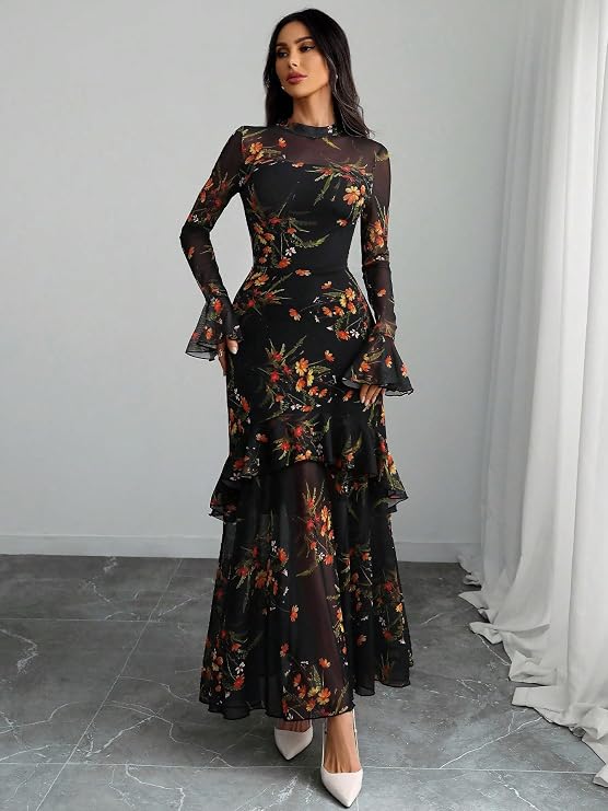 Mermaid Maxi Dress - Floral Print Flounce Sleeve