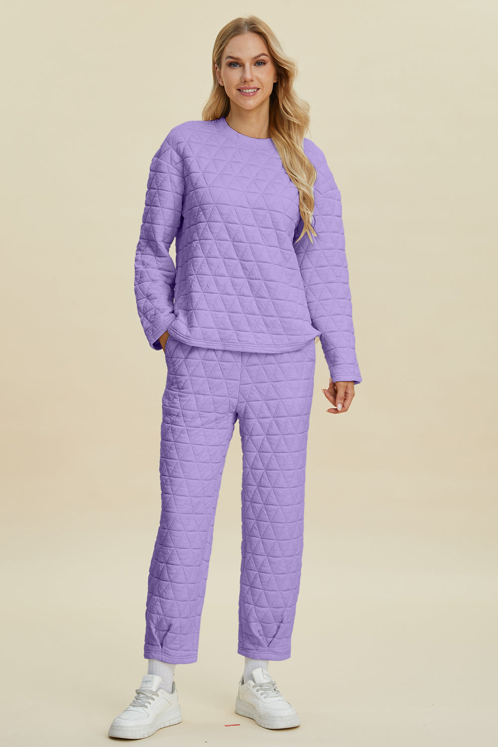 Double Take Full Size Texture Round Neck Long Sleeve Top and Pants Set - Fashions Envy