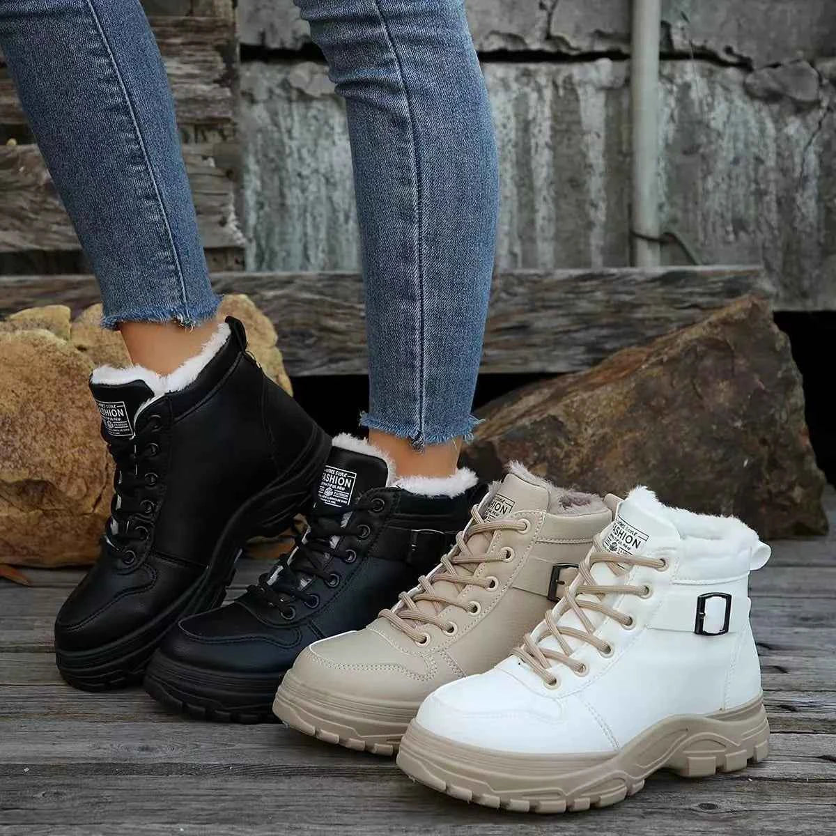 Lace-Up Snow Ankle Boots - Fleece-Lined Buckle Platform